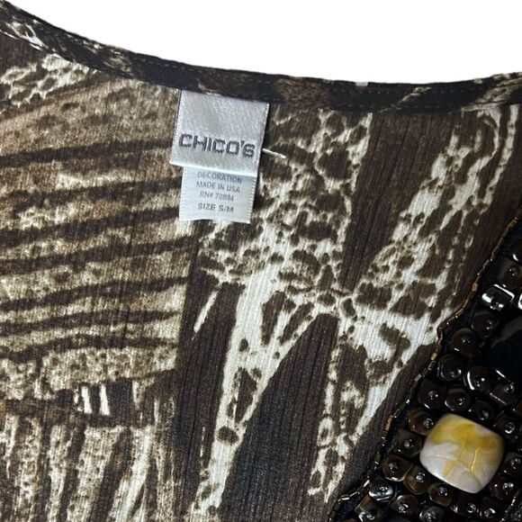 Chicos Sheer Tribal Print Poncho V Neck with Bead Embellished Neckline Size S/M - Picture 7 of 8